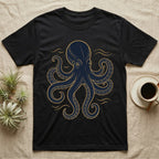 Black t-shirt with a navy and gold octopus design.