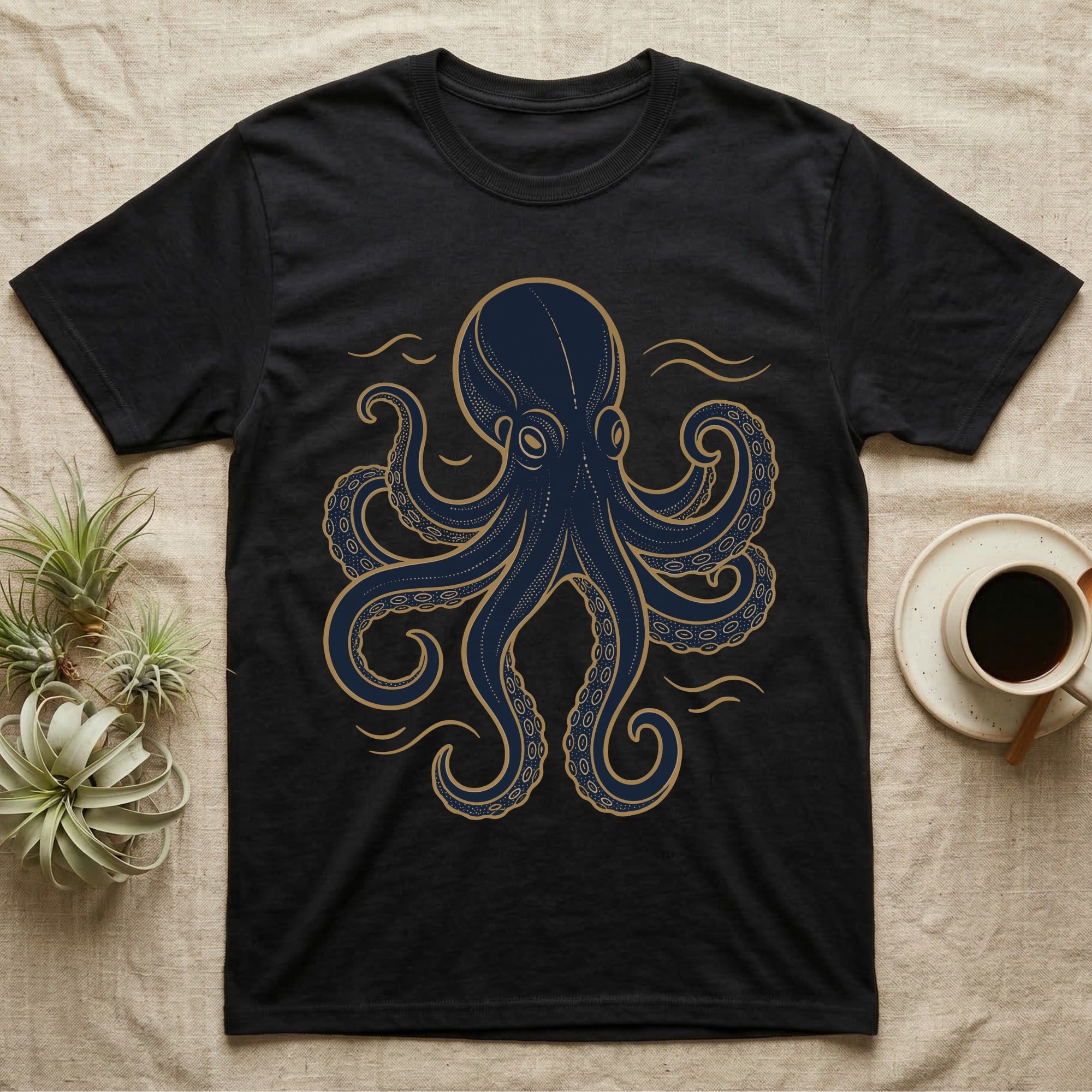 Black t-shirt with a navy and gold octopus design.