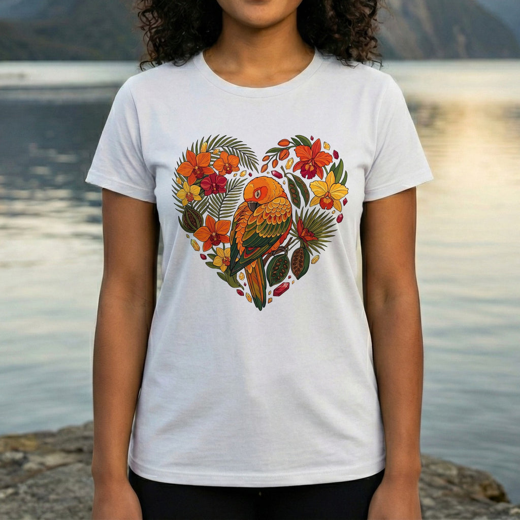 Colorful Parrot Art Heart Shaped Floral Design T-shirt