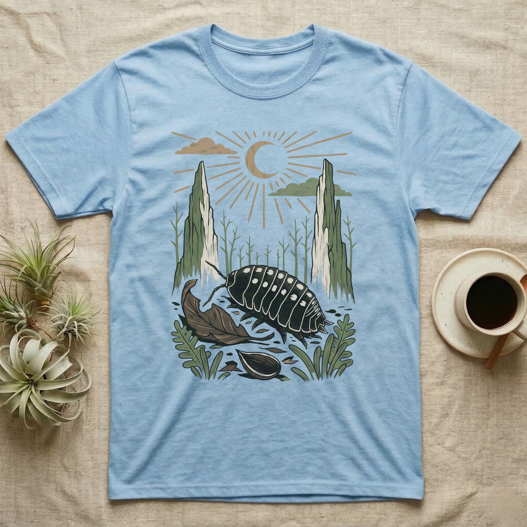 Cubaris Isopod Home Range T-Shirt in Light Blue — Woodcut-style illustration of a Cubaris isopod walking across leaf litter with cypress knees and saplings behind, no on-shirt text.