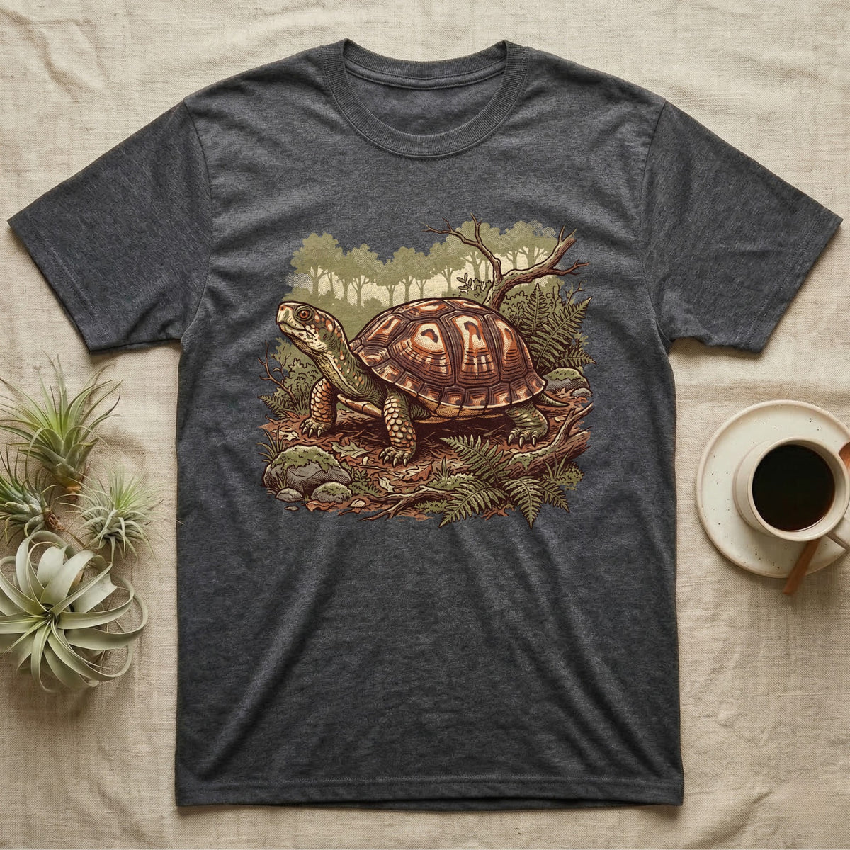 Wild Box Turtle T-Shirt in Dark Heather — Retro conservation-poster illustration of a box turtle in a woodland habitat slice with ferns and leaf litter.