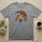 Grey t-shirt featuring a blue-tongued skink with its tongue sticking out.