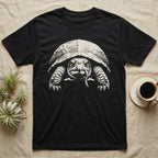 Box Turtle Tough Guy T-Shirt in Black — Black-and-white photo print of an eastern box turtle staring straight ahead with an earthworm hanging from its beak like a cigarette