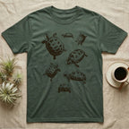 Russian Tortoise Space Helmets T-Shirt in Military Green — One-ink screen print of seven Russian tortoises in rounded space helmets drifting at varied sizes.