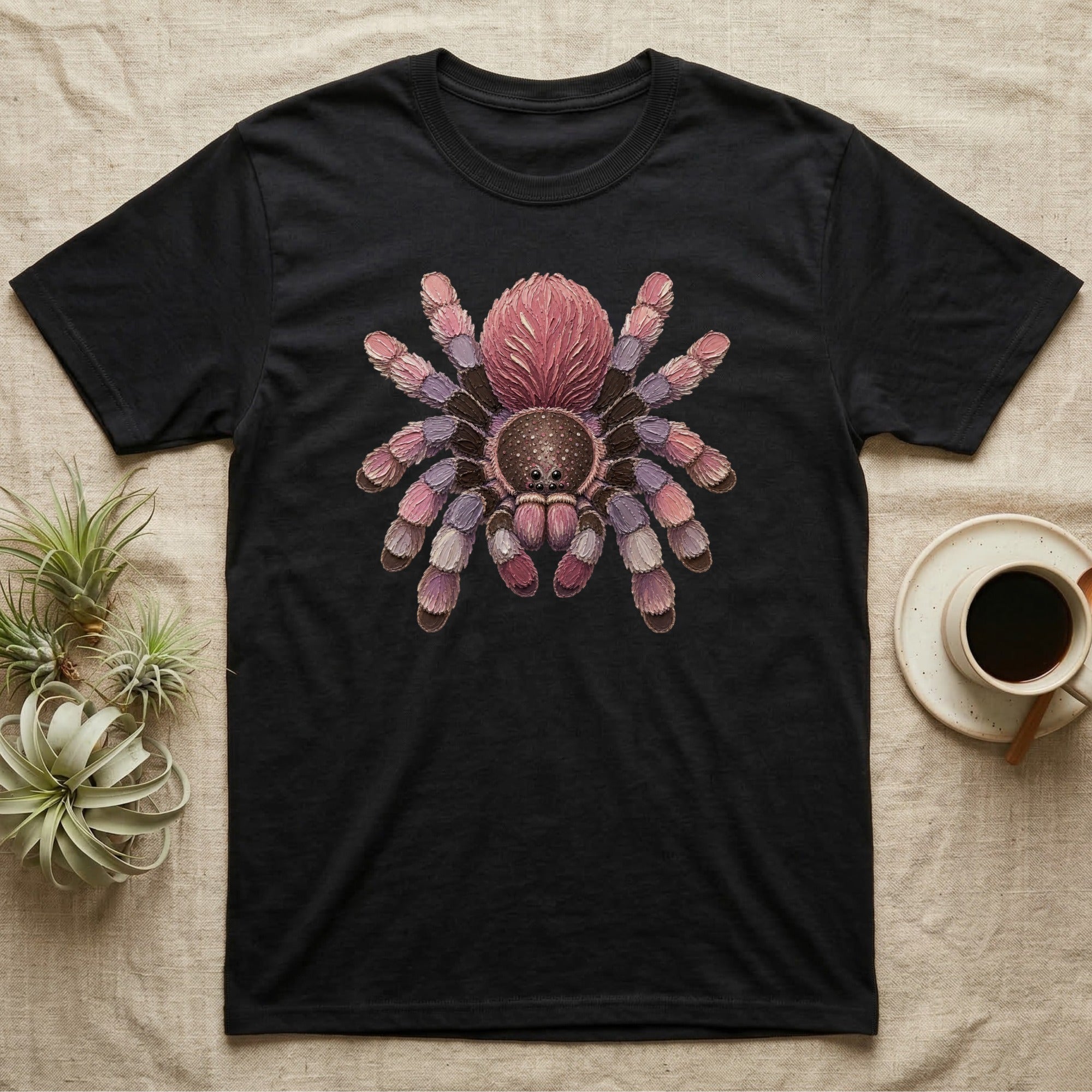 Black t-shirt with a pink and purple tarantula graphic.
