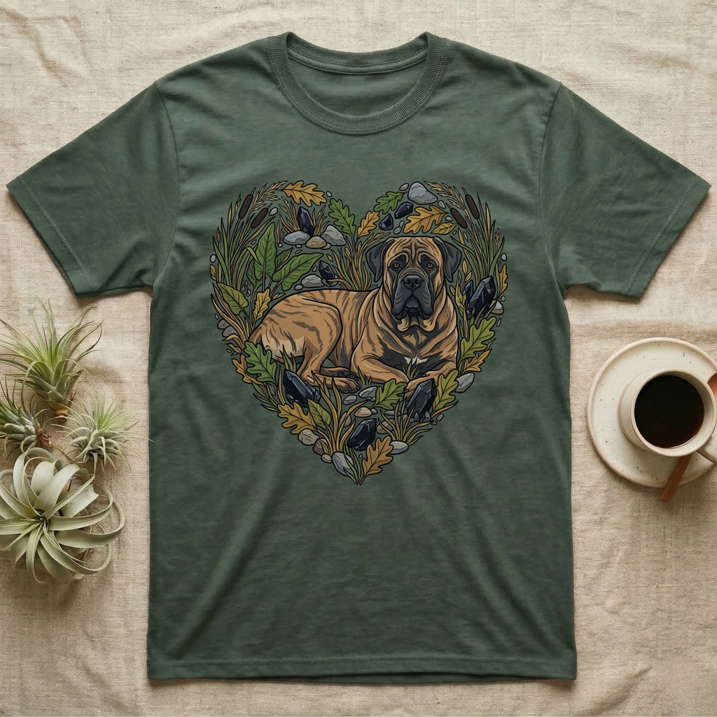 Green t-shirt with heart-shaped Mastiff dog design surrounded by natural elements.