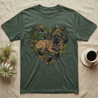 Green t-shirt with heart-shaped Mastiff dog design surrounded by natural elements.