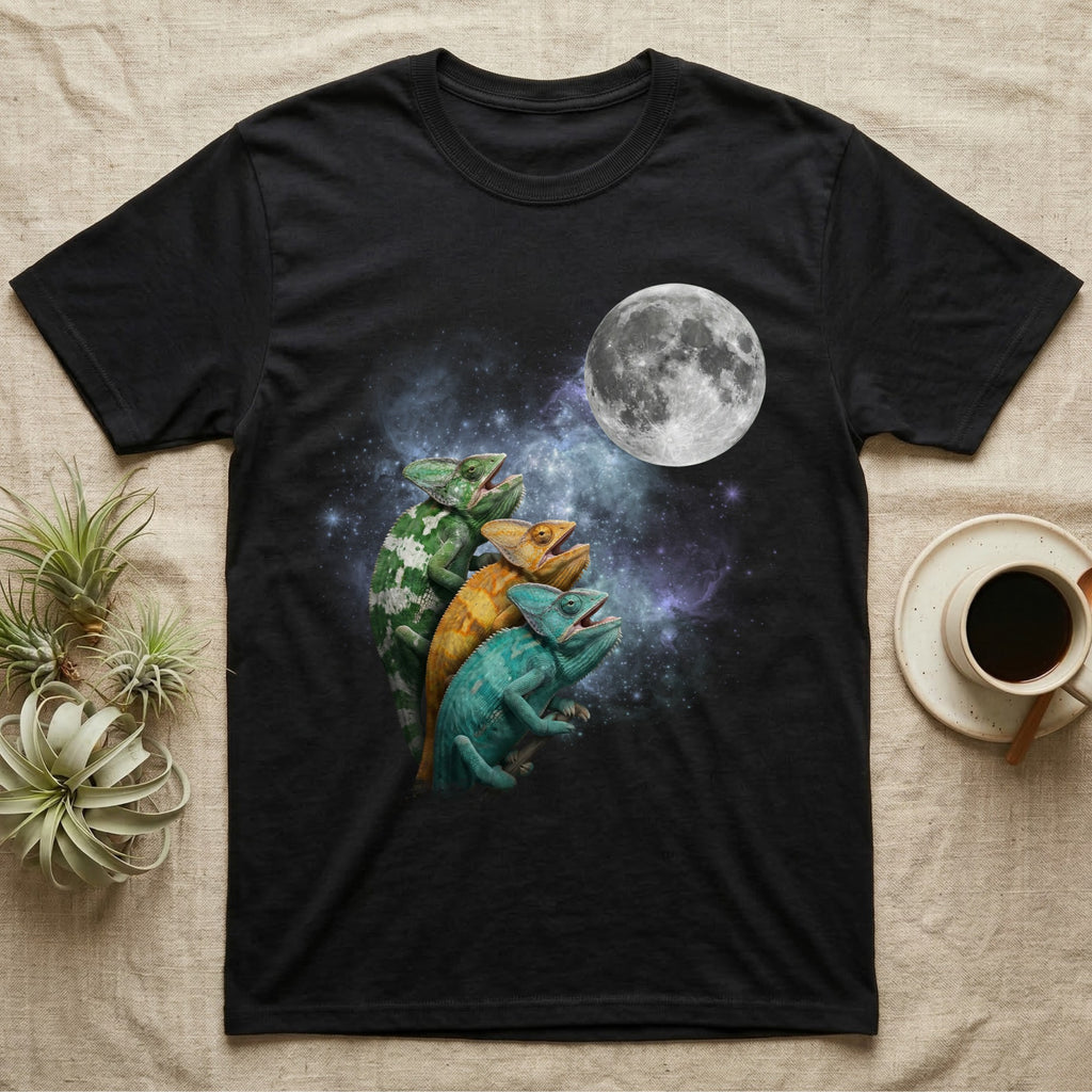 Veiled Chameleon Moon Howl T-Shirt in Black — Three Veiled Chameleon colour morphs howling at a full moon over a nebula on a dark grey t-shirt.