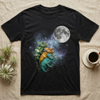 Veiled Chameleon Moon Howl T-Shirt in Black — Three Veiled Chameleon colour morphs howling at a full moon over a nebula on a dark grey t-shirt.