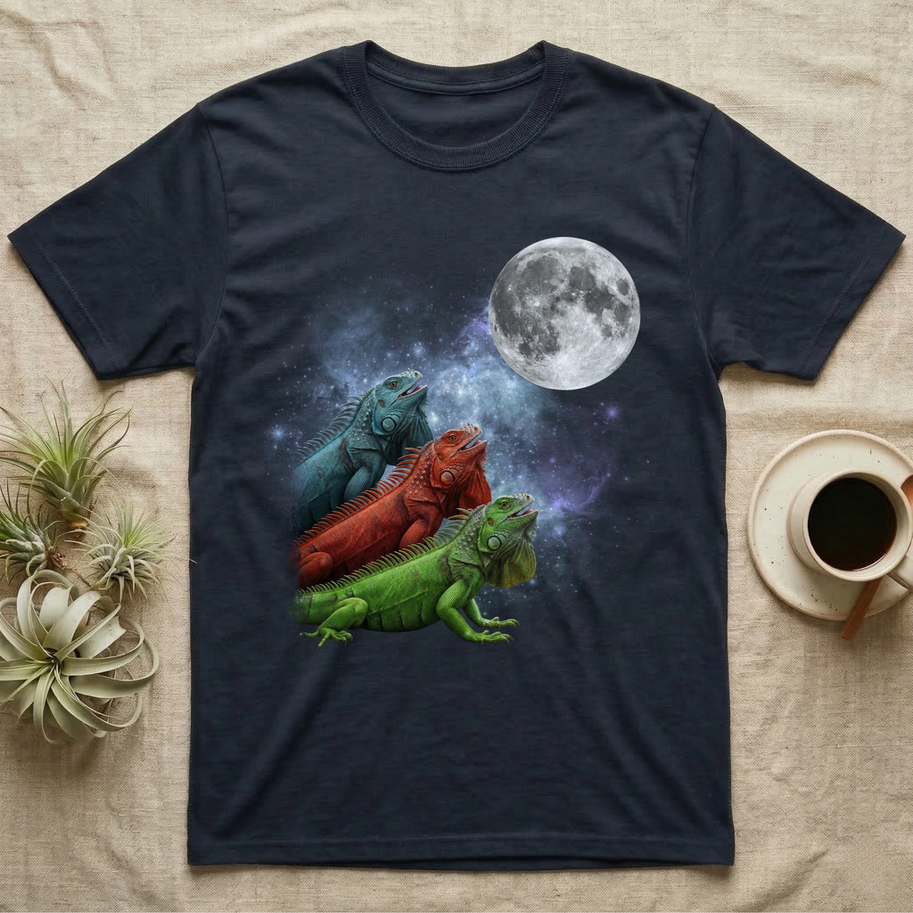 Green Iguana Moon Howl T-Shirt in Navy — Three Green Iguana colour morphs howling at a full moon over a nebula on a dark grey t-shirt.
