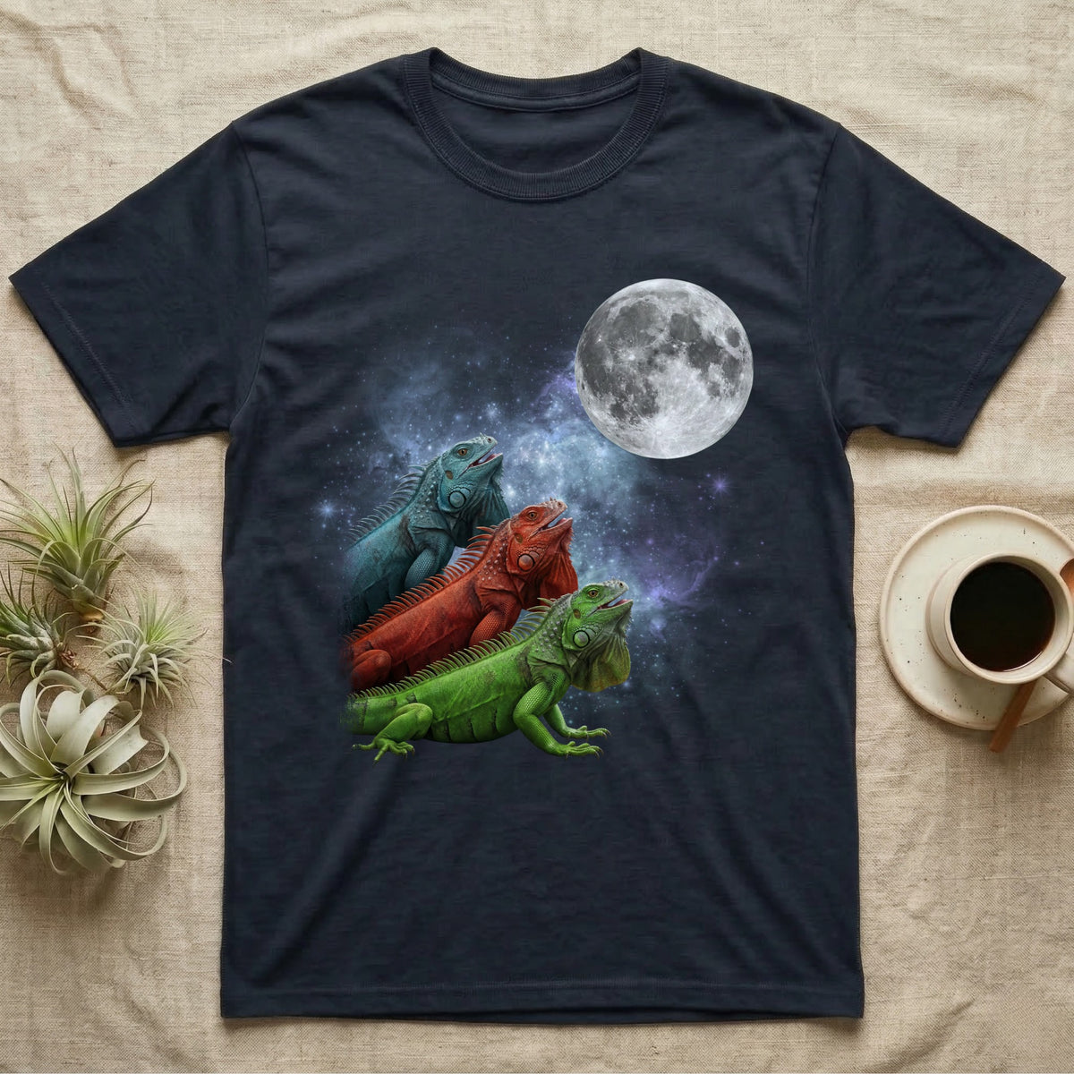 Green Iguana Moon Howl T-Shirt in Navy — Three Green Iguana colour morphs howling at a full moon over a nebula on a dark grey t-shirt.