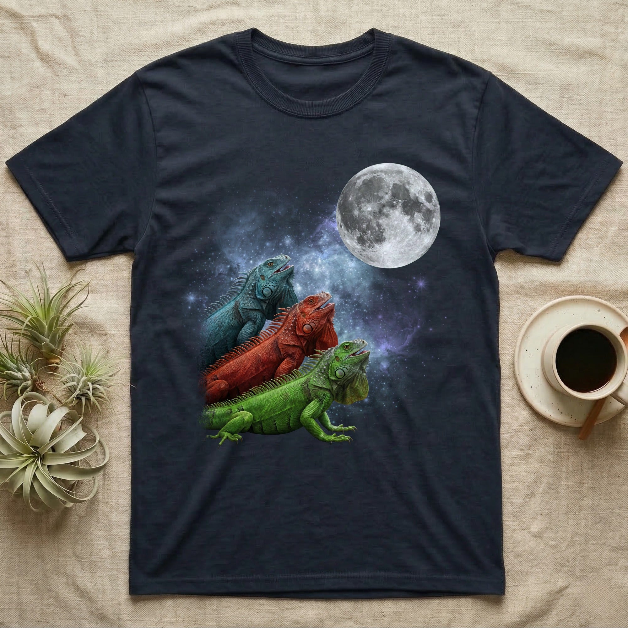 Green Iguana Moon Howl T-Shirt in Navy — Three Green Iguana colour morphs howling at a full moon over a nebula on a dark grey t-shirt.