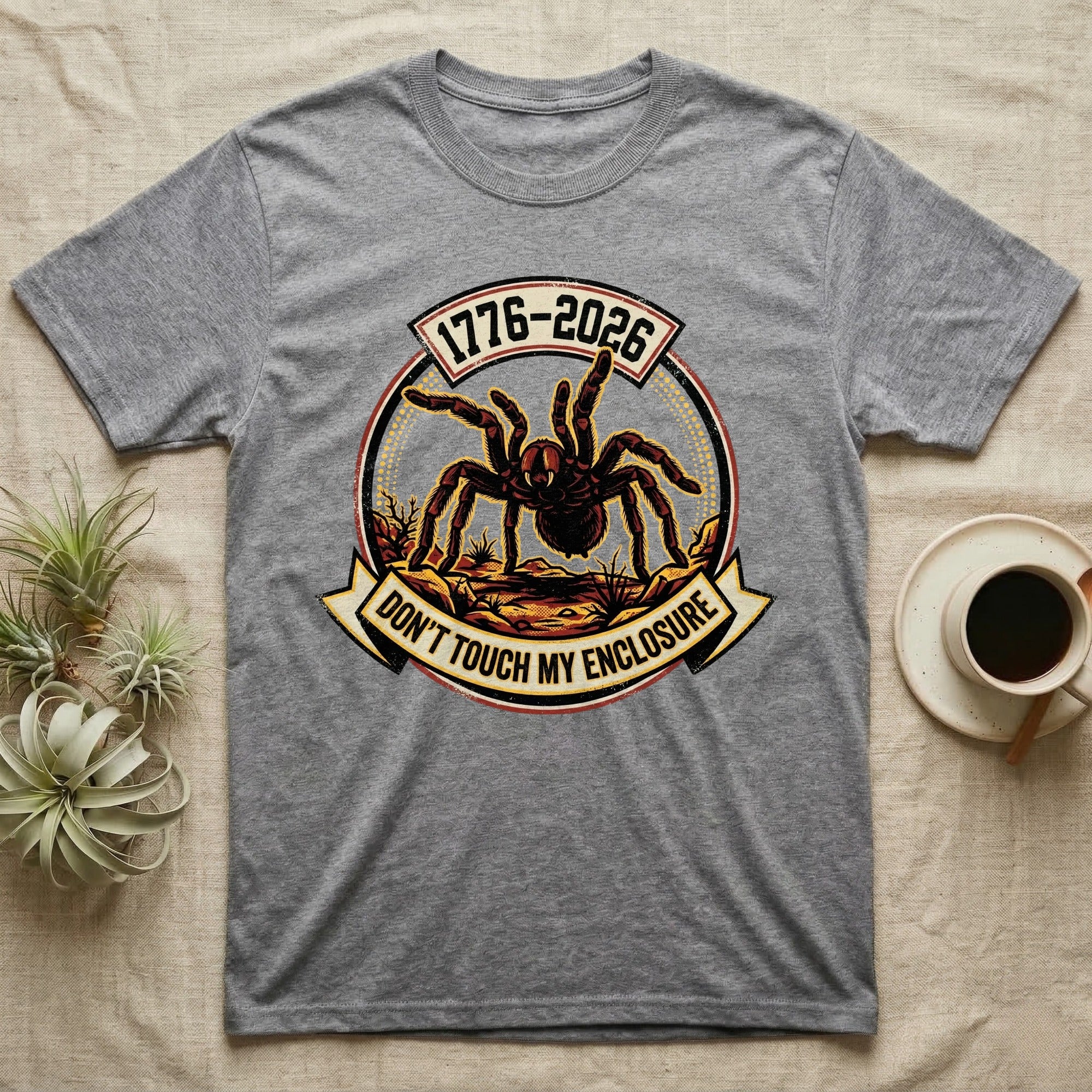 Tarantula Don't Touch Enclosure Tee in Sport Grey — Distressed circular badge of a defensive tarantula on desert ground, red and gold banner reading Don't Touch My Enclosure, on black.