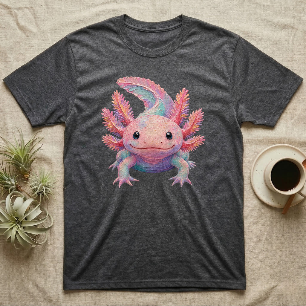 Dark gray t-shirt featuring a colorful axolotl graphic.