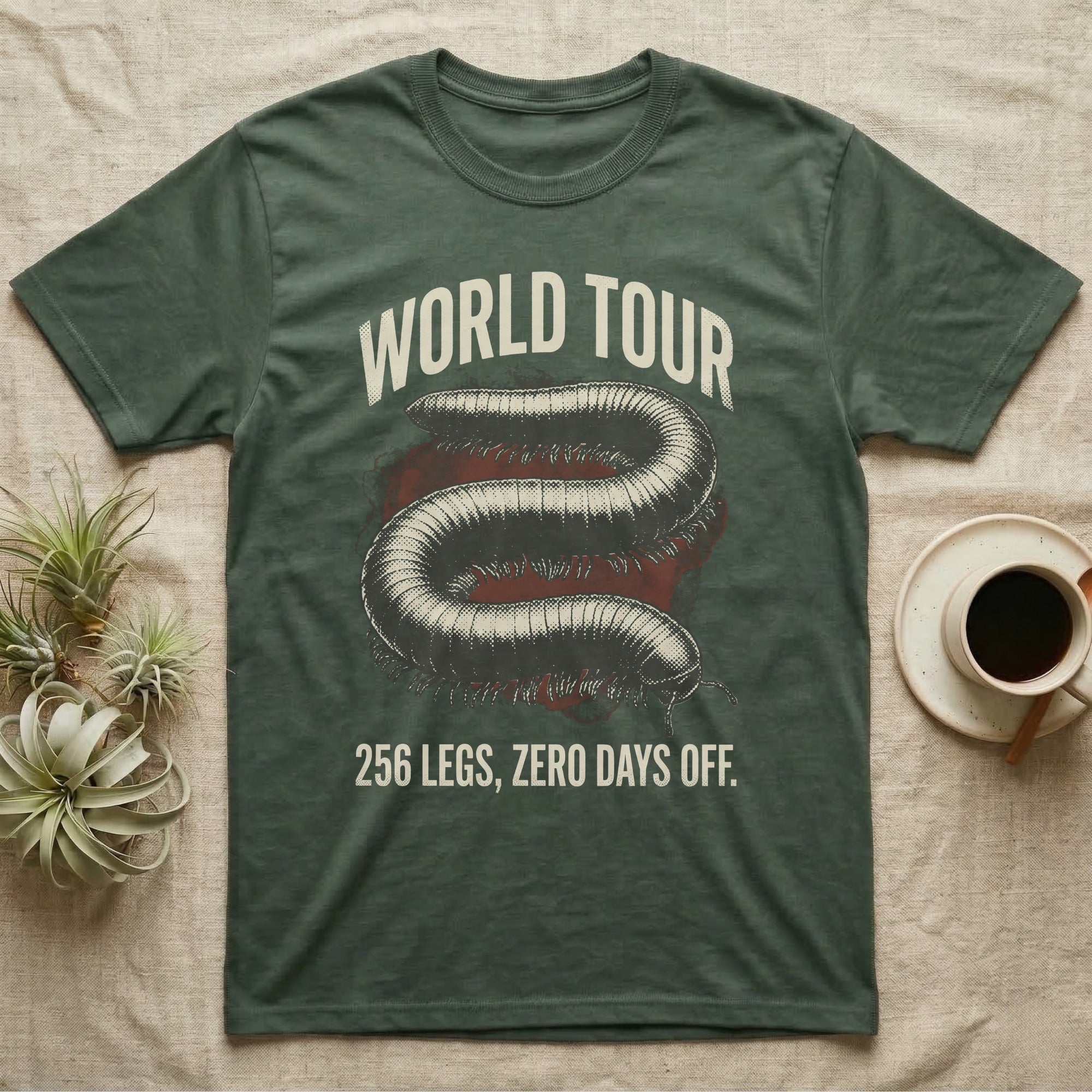 African Millipede World Tour T-Shirt in Military Green — Bootleg tour-merch halftone illustration of a giant African millipede as the headline act.