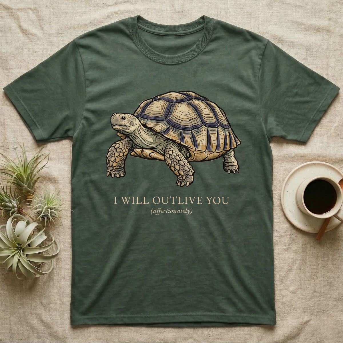 Sulcata Outlive You T-Shirt in Military Green — Ukiyo-e woodblock illustration of a sulcata tortoise in profile with a deadpan serif caption about outliving you.