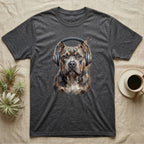 Dark gray t-shirt featuring a painted pit bull wearing headphones.