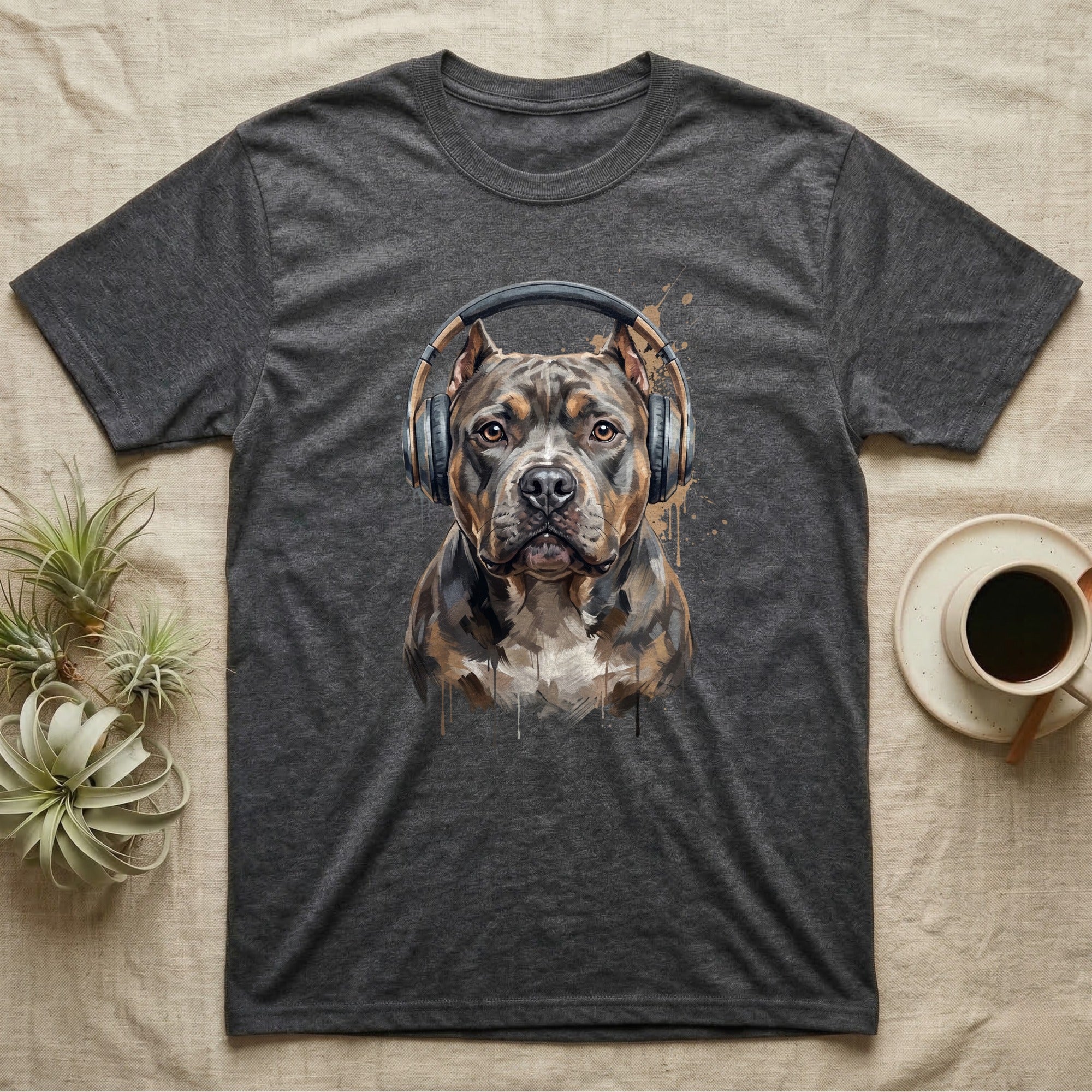 Dark gray t-shirt featuring a painted pit bull wearing headphones.