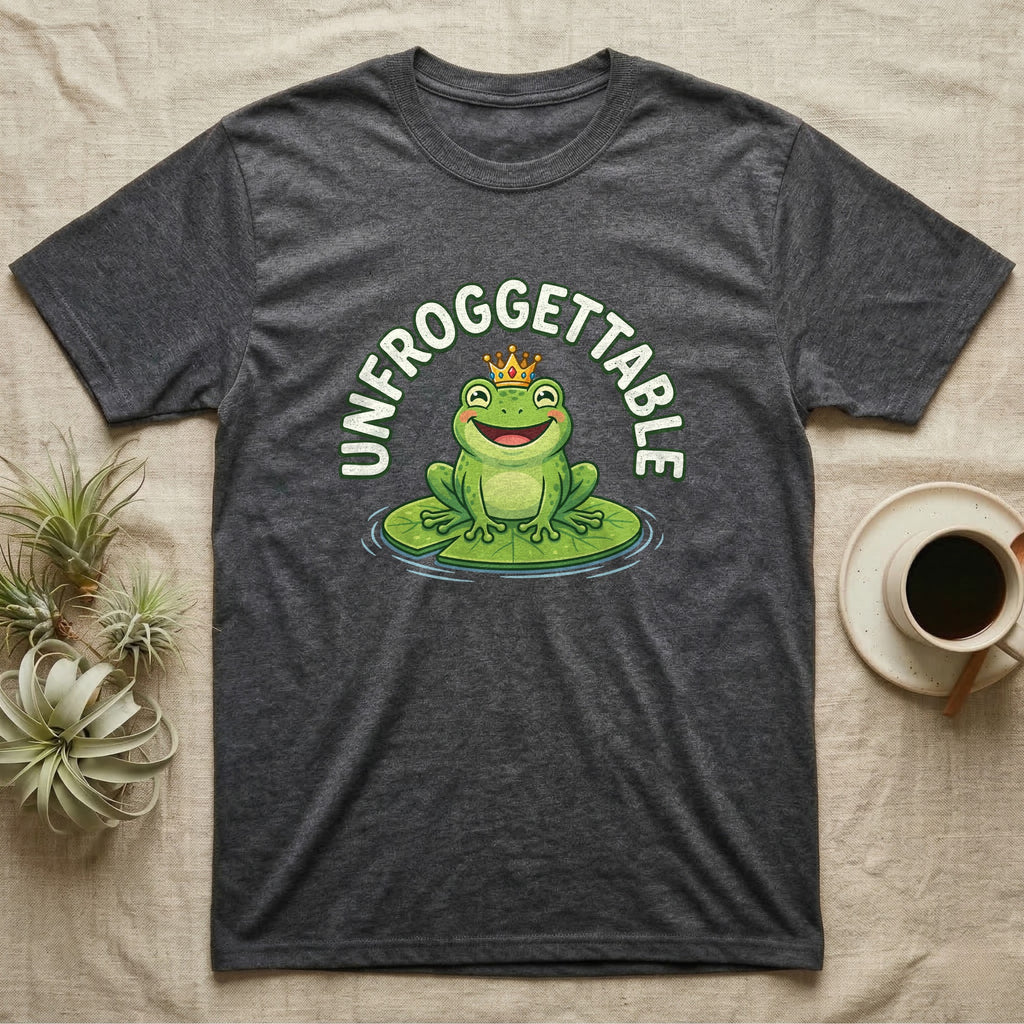 Dark grey t-shirt with frog wearing crown on lily pad, "UNFROGGATTBLE" text.