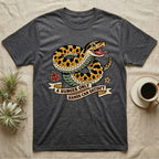 Hognose Hunger Flash T-Shirt in Dark Heather — American-traditional tattoo-flash illustration of a hognose snake in a heroic coil with a banner reading the feeding-hunger line.
