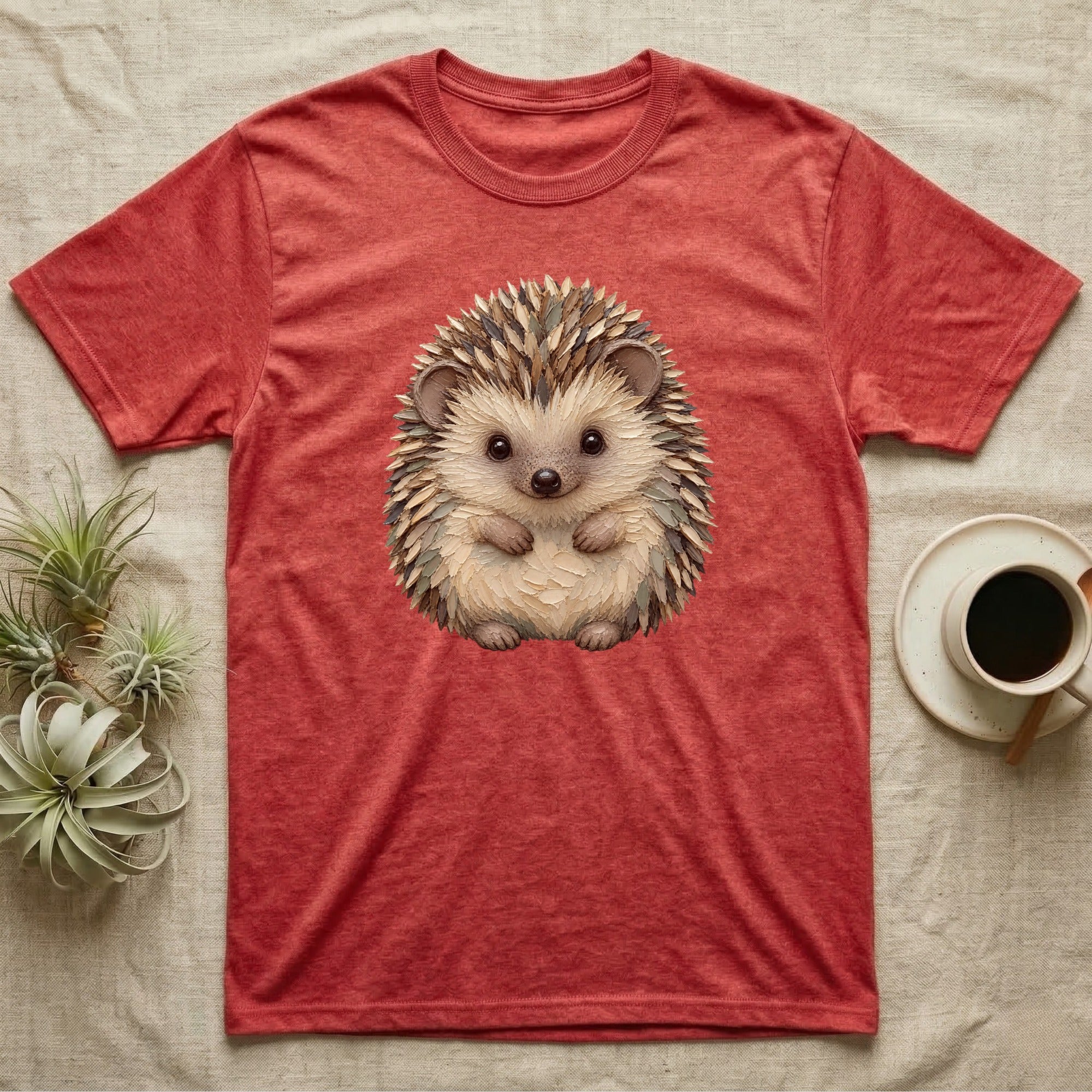 Red t-shirt with a watercolor illustration of a cute, round hedgehog.