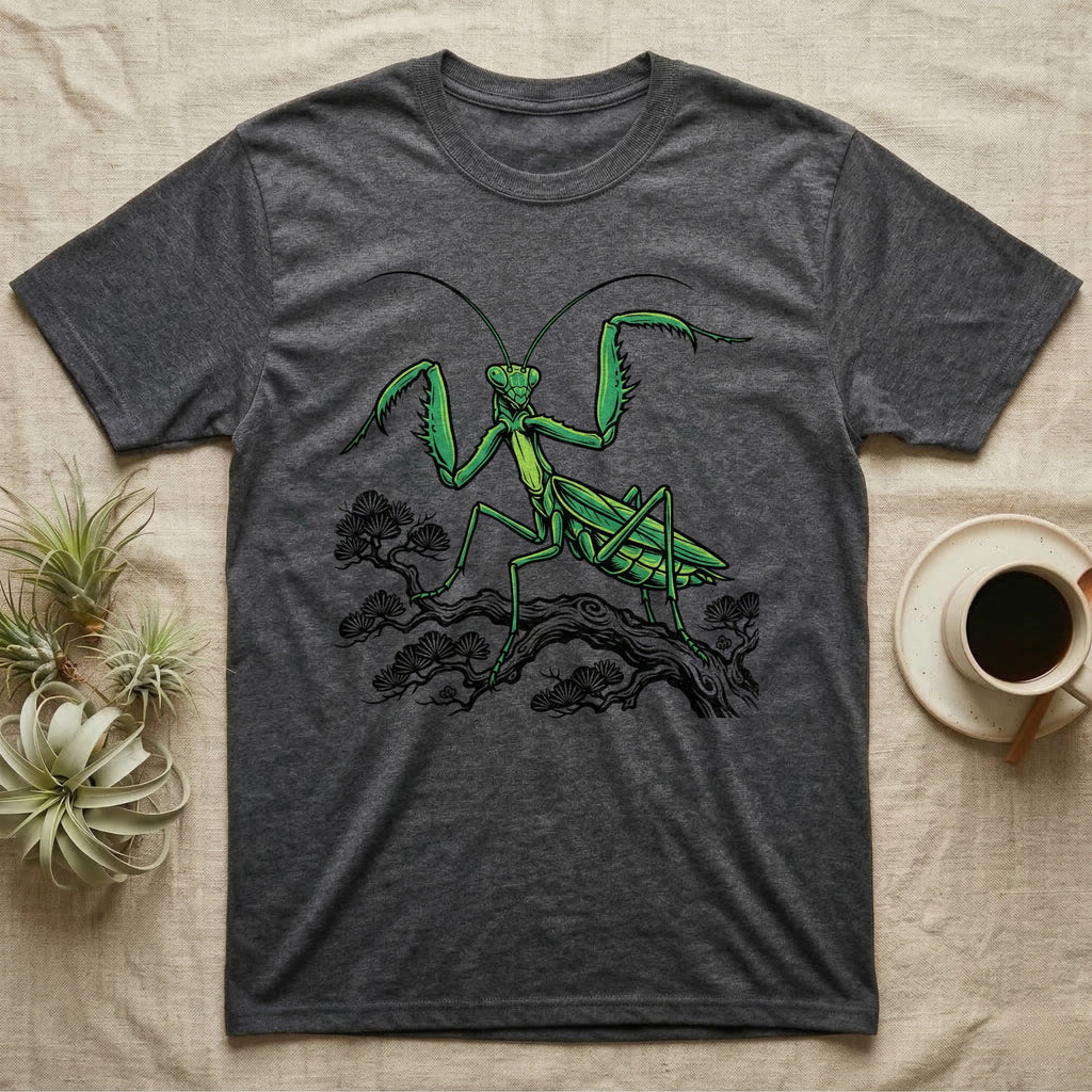 Dark grey t-shirt featuring a green praying mantis illustration on a tree branch.