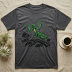 Dark grey t-shirt featuring a green praying mantis illustration on a tree branch.