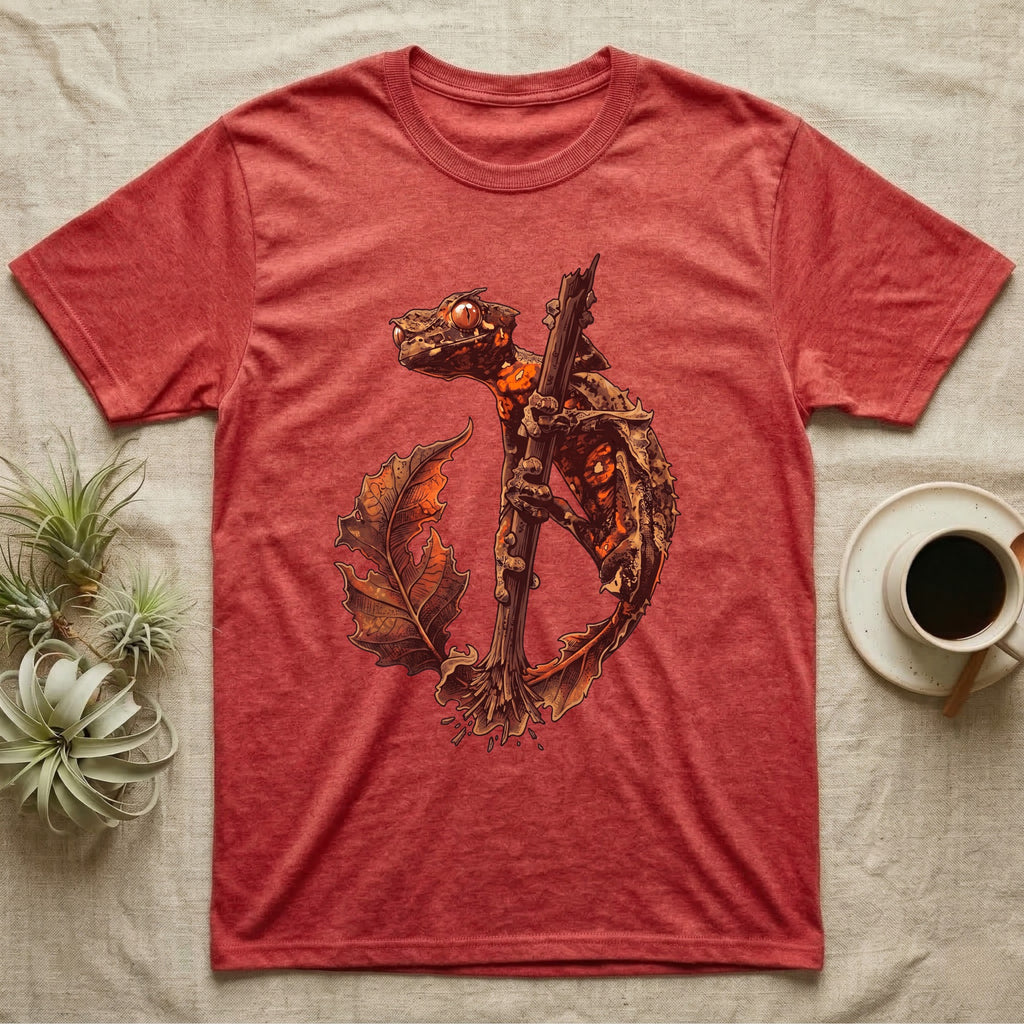 Vintage ink illustration of an eyelash leaf-tailed gecko clinging to a branch with its tail curled beside a serrated leaf, no on-shirt text. — shown on a Heather Red tee.