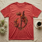 Vintage ink illustration of an eyelash leaf-tailed gecko clinging to a branch with its tail curled beside a serrated leaf, no on-shirt text. — shown on a Heather Red tee.
