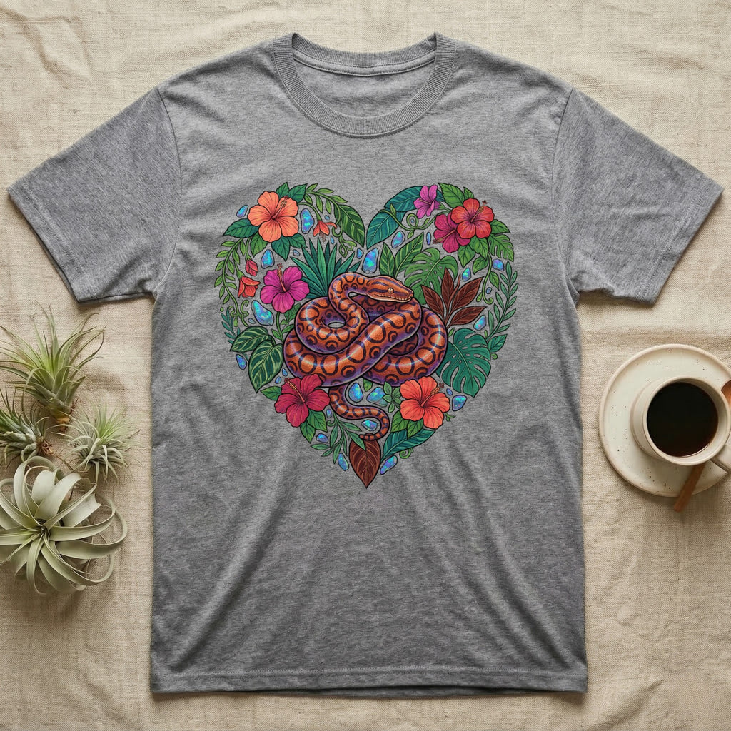 Grey t-shirt featuring a colorful snake within a heart-shaped floral design.