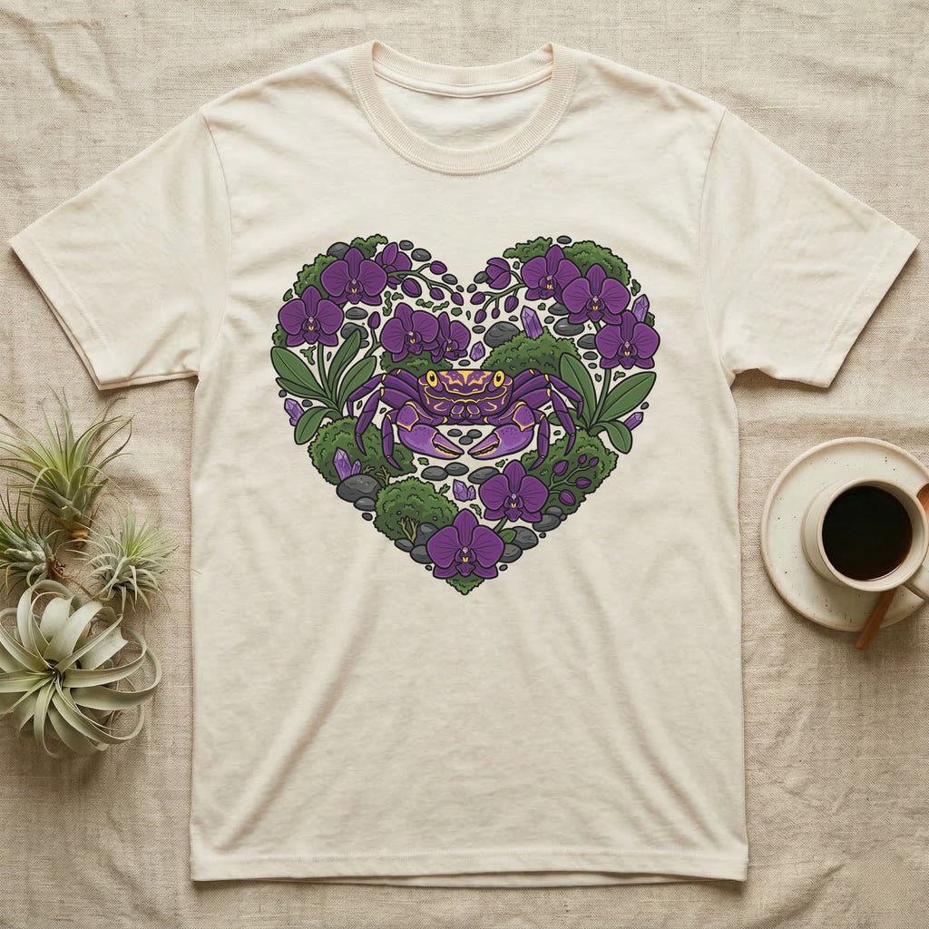 Cream t-shirt with a purple crab and purple flowers in a heart shape.