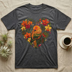 Dark gray t-shirt with heart-shaped floral design featuring a colorful parrot.