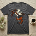 Dark gray t-shirt with red panda hanging from a tree branch against a cloudy moon.