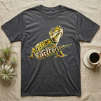 Illustration of a smiling leopard gecko with a plump curled spotted tail, bold vintage-comic ink outlines and halftone shading, graphic-only, no text. — shown on a Dark Heather tee.