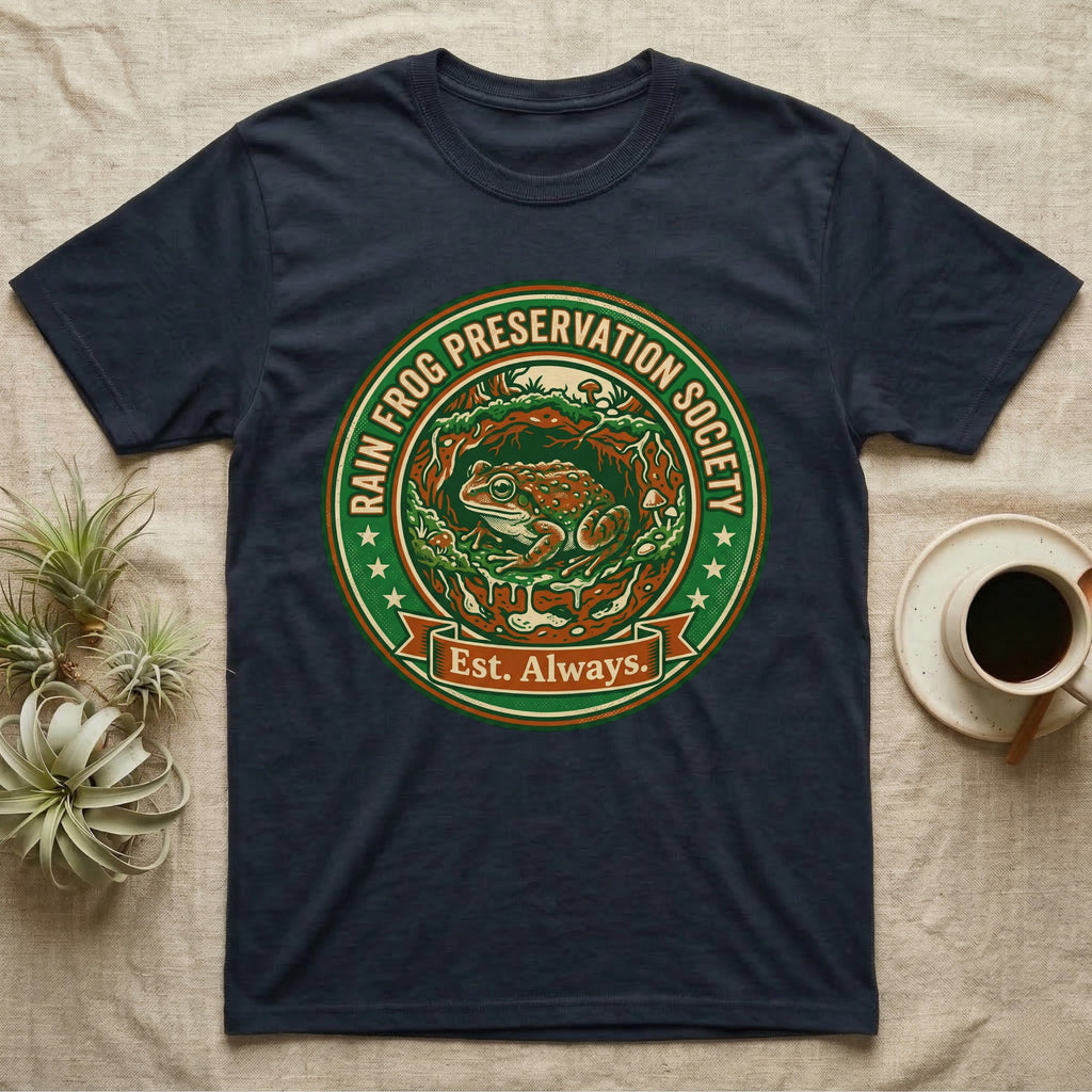 Navy t-shirt with "Rain Frog Preservation Society" logo featuring a frog in a circle.