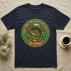 Navy t-shirt with "Rain Frog Preservation Society" logo featuring a frog in a circle.