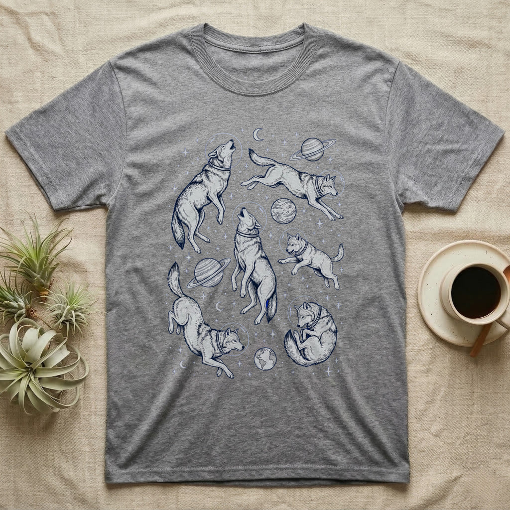 Gray t-shirt with abstract wolves and planets in blue line art.
