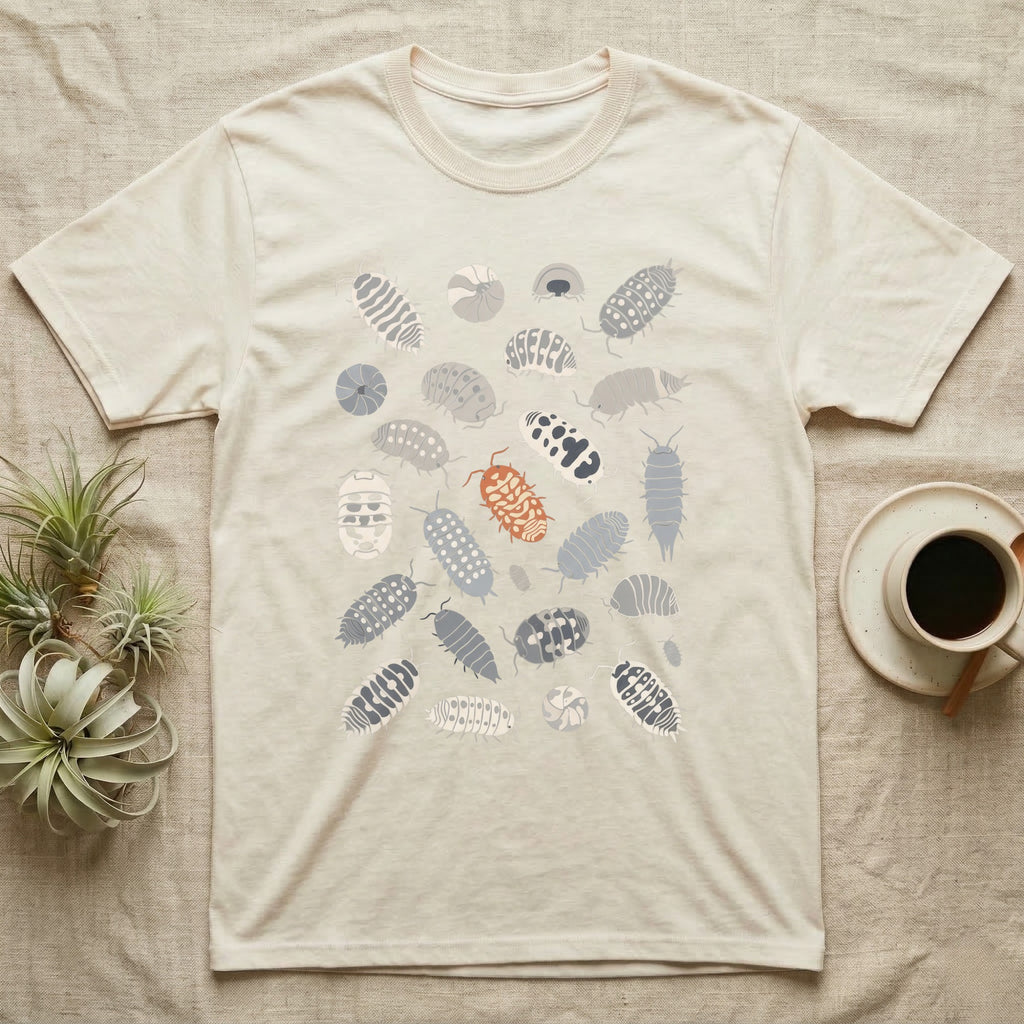 Isopod Morph Plate T-Shirt in Natural — About twenty-five flat-painted isopods scattered across grey, all shapes and patterns, one of them orange.