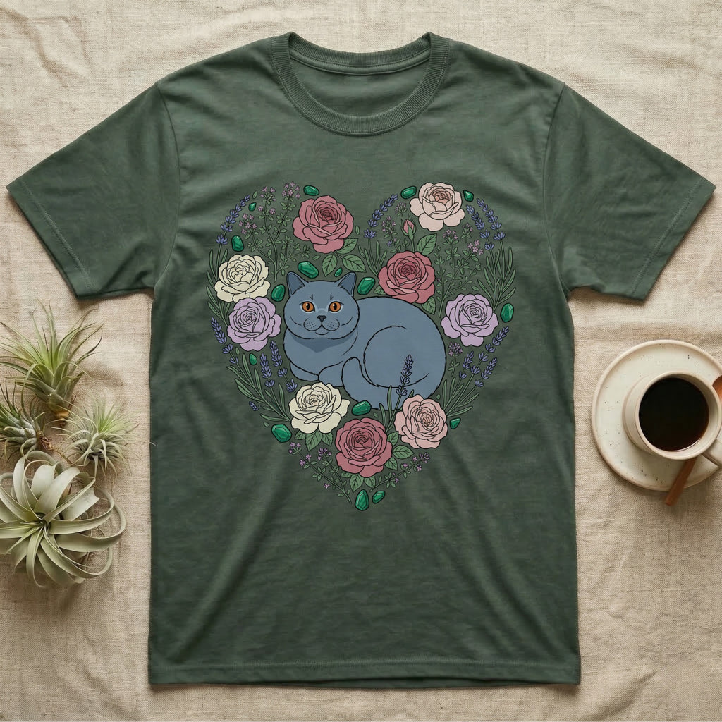Green t-shirt with a heart-shaped floral design featuring a grey cat.