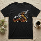 Black t-shirt with a coiled cobra and lightning graphic.