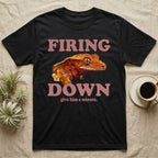 Crested Gecko Firing Down T-Shirt in Black — Engraved crested gecko in navy ink between the rose words Firing and Down, with give him a minute above.