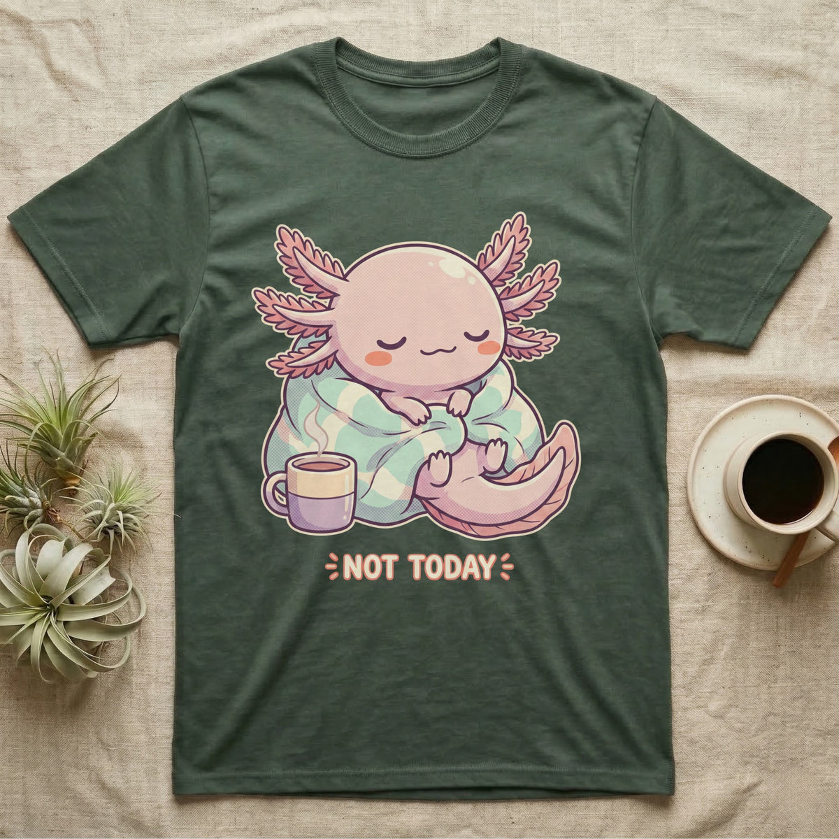 Axolotl Not Today T-Shirt in Military Green — Kawaii chibi illustration of an axolotl curled in a blanket with a mug and a soft caption reading Not Today.