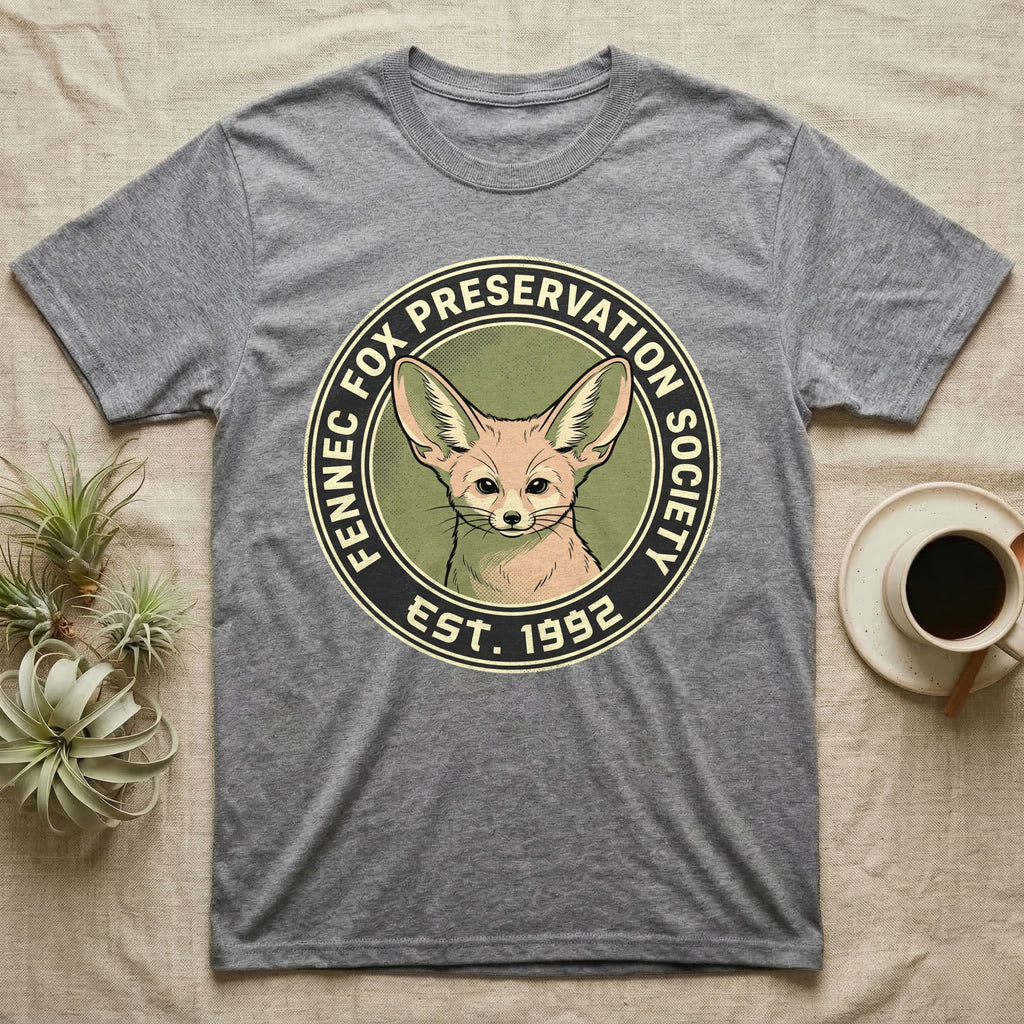 Grey t-shirt with a circular Fennec Fox Preservation Society logo.