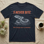 Western Hognose I Never Bite T-Shirt in Navy — Engraved western hognose snake in white line, head raised and hooded, under retro script reading I NEVER BITE.