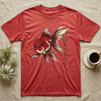 Red t-shirt with a black and white Oranda goldfish graphic.