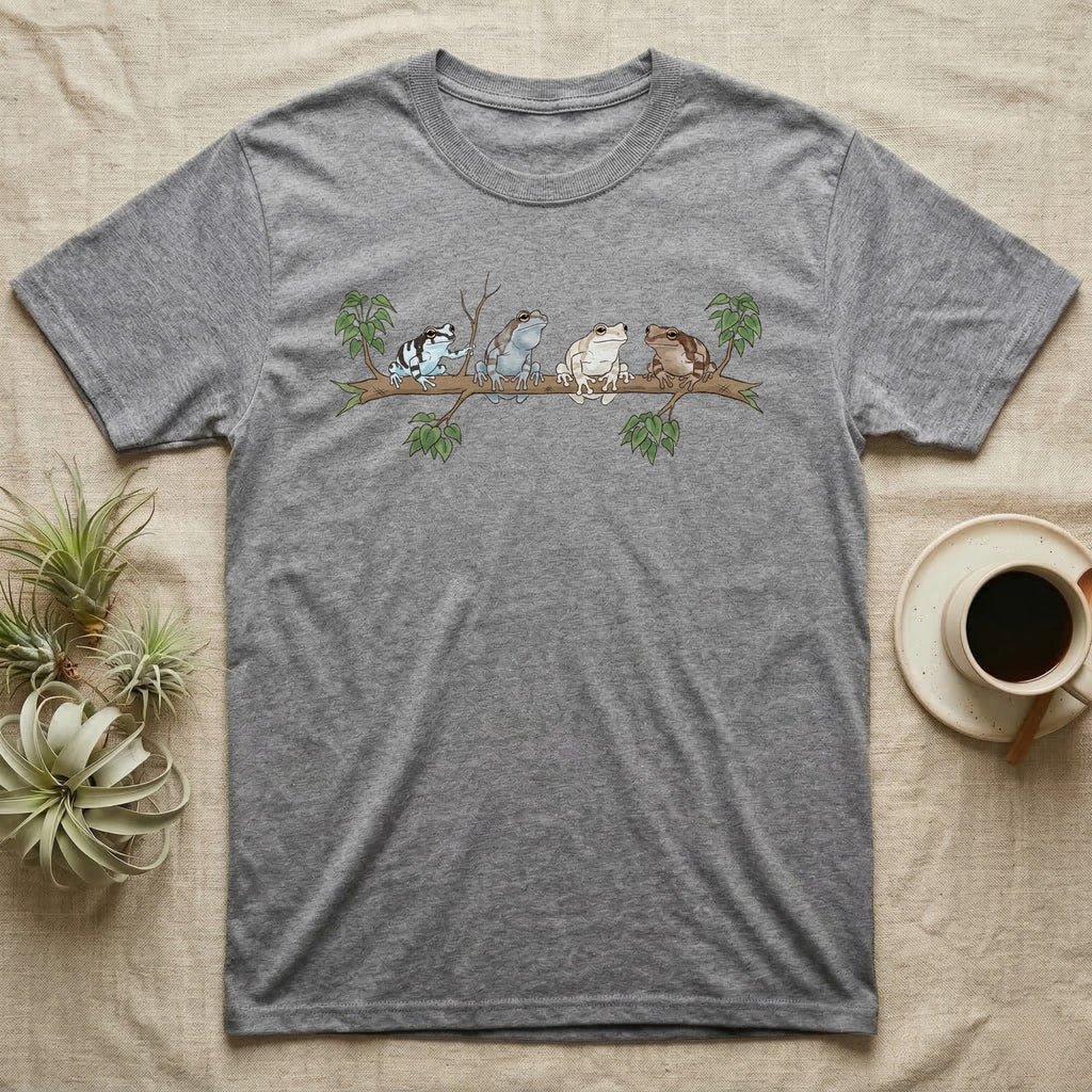 Amazon Milk Frog Branch T-Shirt in Sport Grey — Four banded Amazon milk frogs perched along one slender branch, drawn in loose ink line and soft watercolour wash.