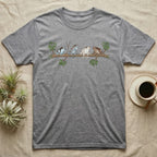 Amazon Milk Frog Branch T-Shirt in Sport Grey — Four banded Amazon milk frogs perched along one slender branch, drawn in loose ink line and soft watercolour wash.