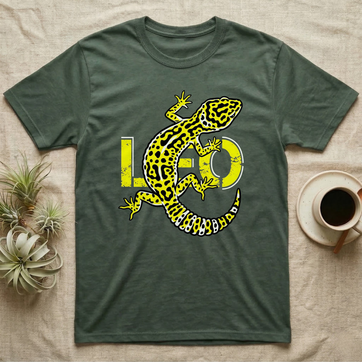 Dark green t-shirt with a yellow leopard gecko and "LEO" text design.