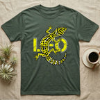 Dark green t-shirt with a yellow leopard gecko and "LEO" text design.