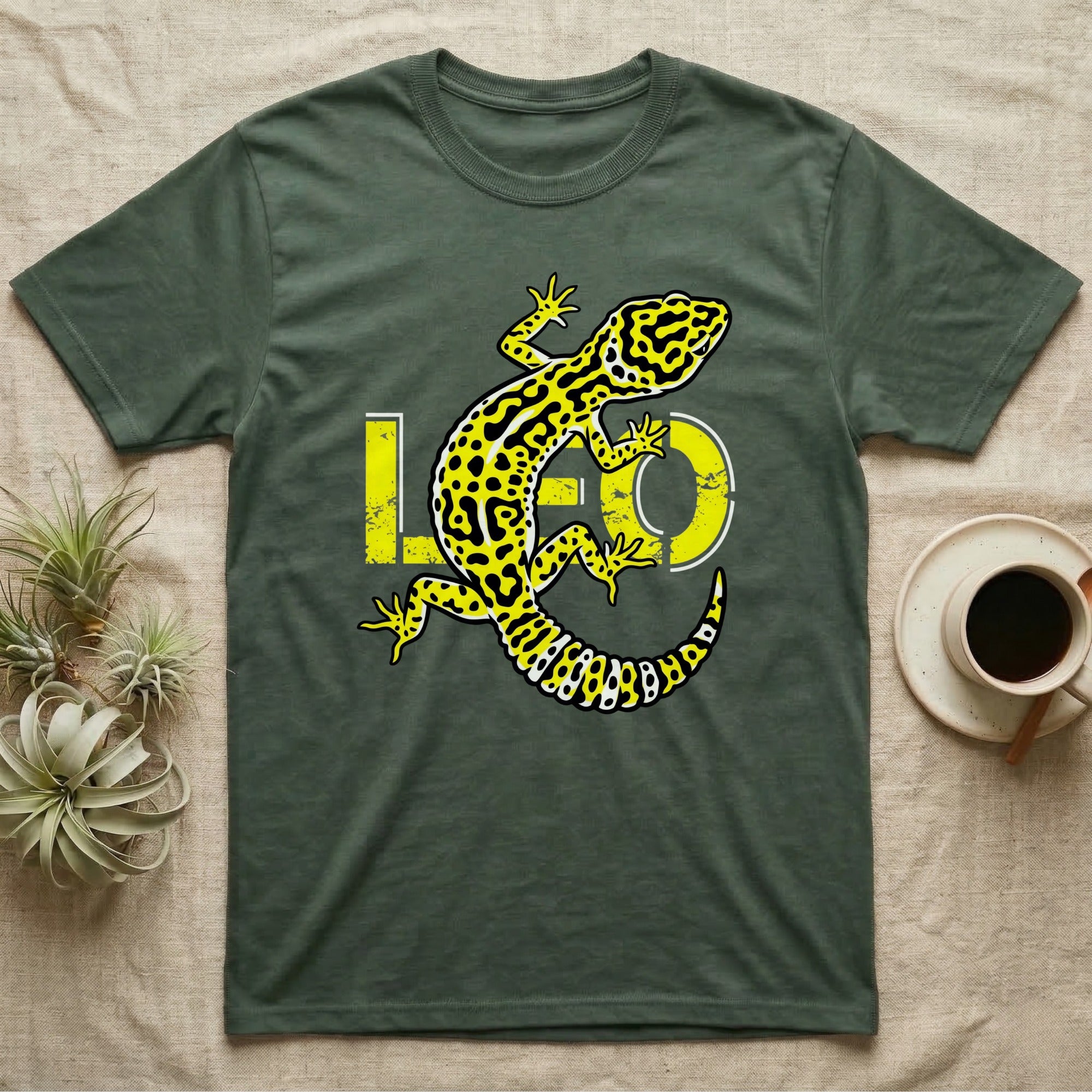 Dark green t-shirt with a yellow leopard gecko and "LEO" text design.